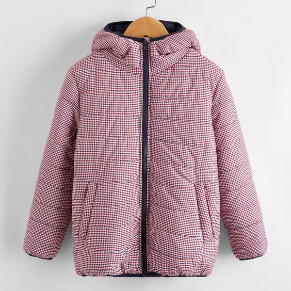 

Girls Zipper Front Gingham Padded Jacket, Multicolor