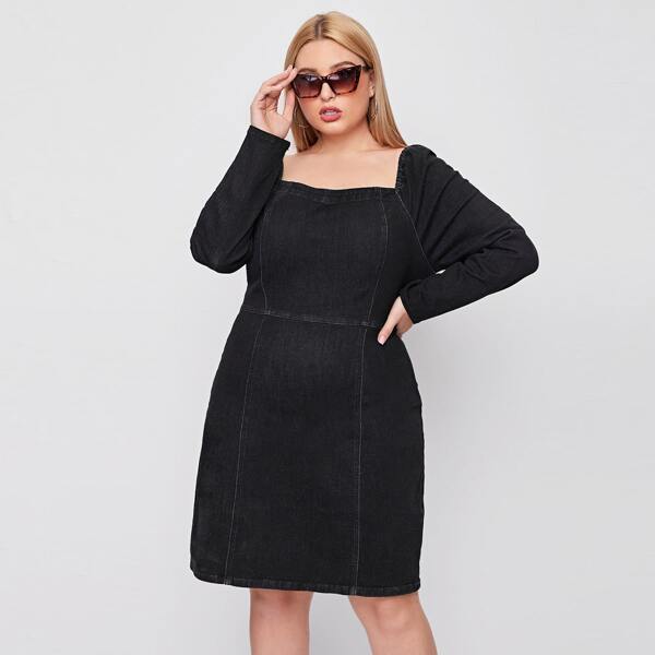 

Plus Zip Back Raglan Sleeve Denim Dress, Black