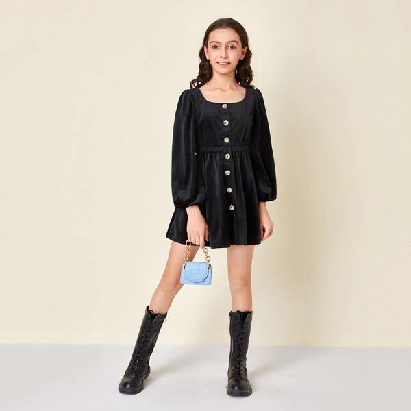 

Girls Single Breasted Lantern Sleeve Cord Dress, Black