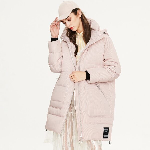 

Letter Patch Zip Up Pocket Striped Down Coat, Pastel baby pink