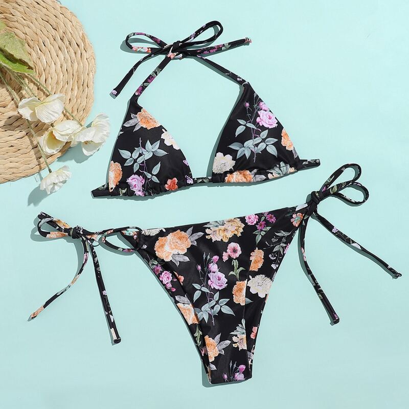 

Floral Triangle Tie Side Bikini Swimsuit, Multicolor