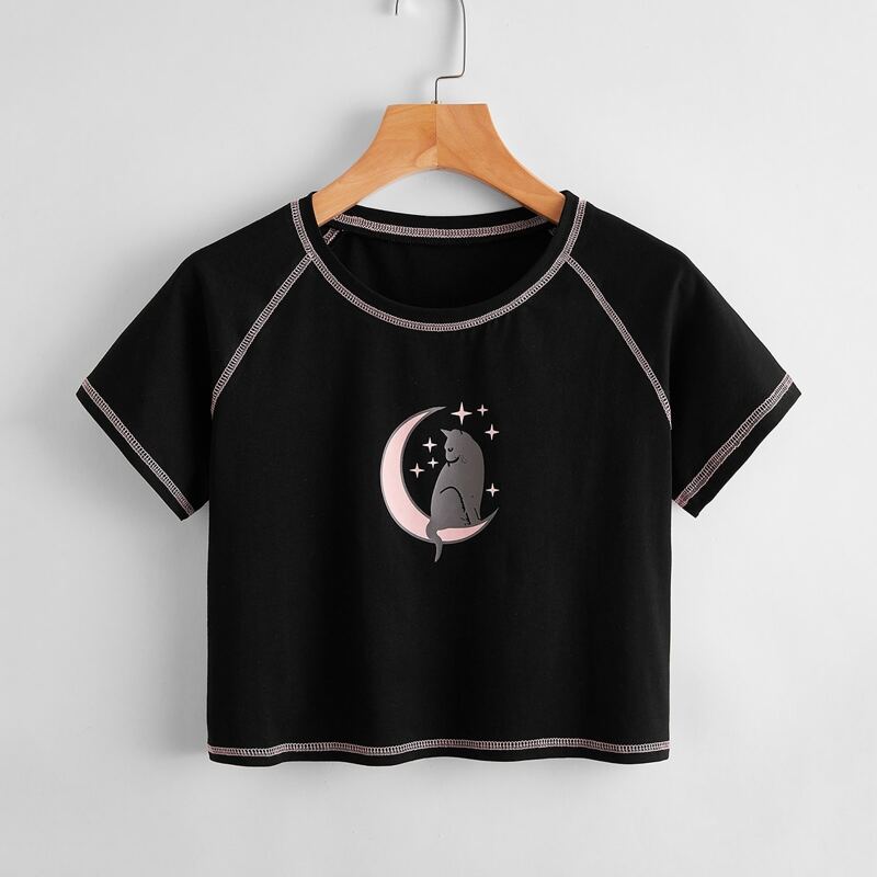 

Contrast Stitching Moon & Cat Graphic Crop Tee, Black