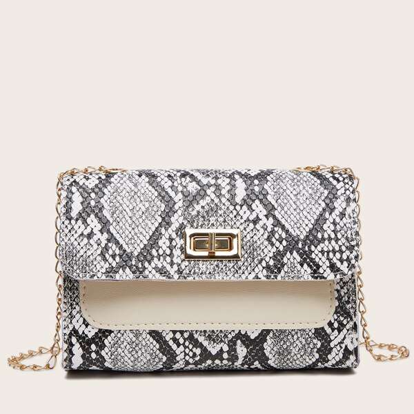 

Snakeskin Print Chain Bag, Black and white
