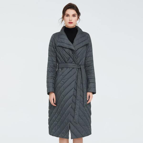 

Waterfall Collar Belted Padded Coat, Dark grey