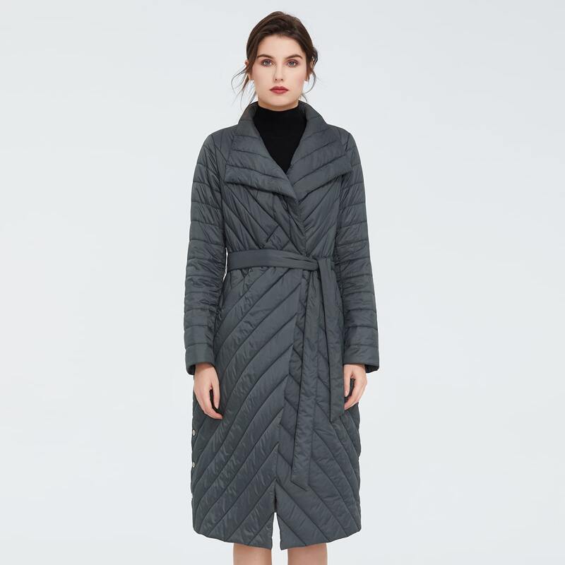 

Waterfall Collar Belted Padded Coat, Dark grey