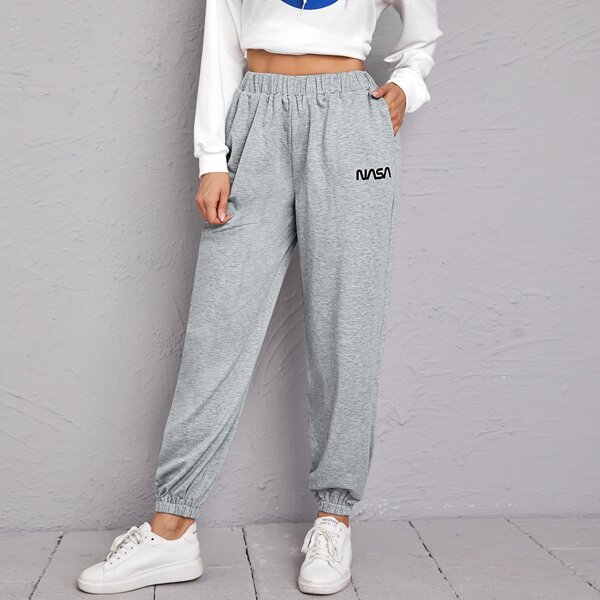 

Letter Graphic High Waist Sweatpants, Grey