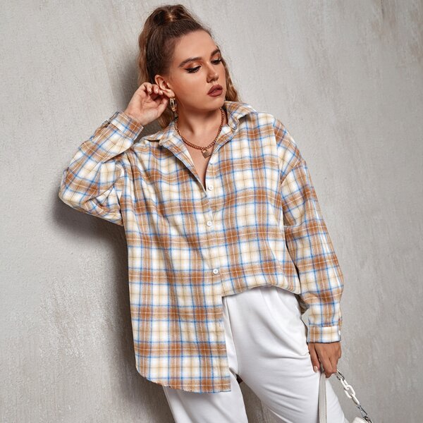

Plus Drop Shoulder Single Breasted Tartan Blouse, Multicolor