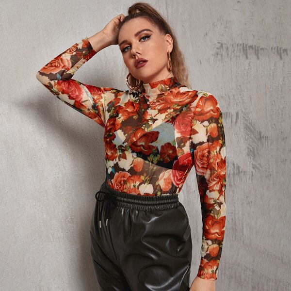 

Mock Neck Floral Sheer Mesh Top Without Bra, Multicolor