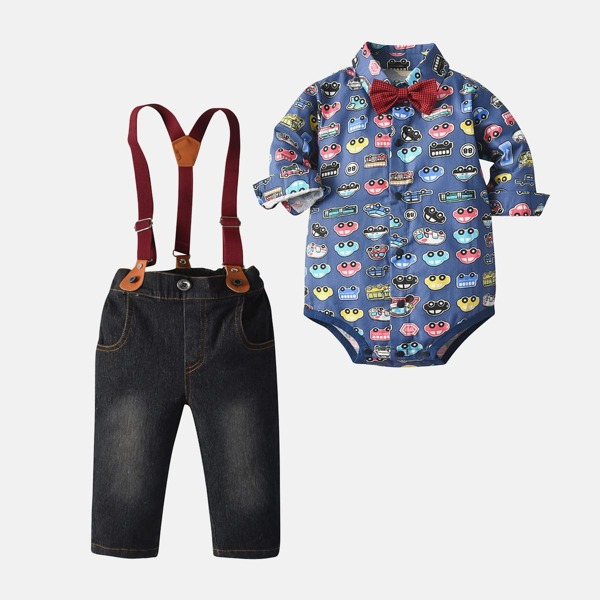 

Baby Boy Car Print Bow Neck Shirt & Denim Suspender Pants, Multicolor