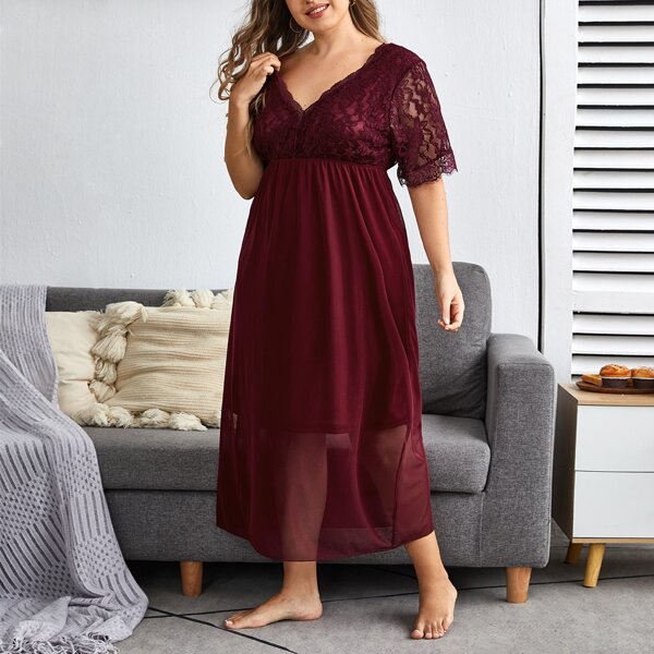 

Plus Criss Cross Backless Lace Panel Night Dress, Maroon