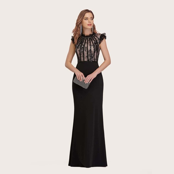 

Contrast Sequin Frill Trim Mermaid Prom Dress, Black