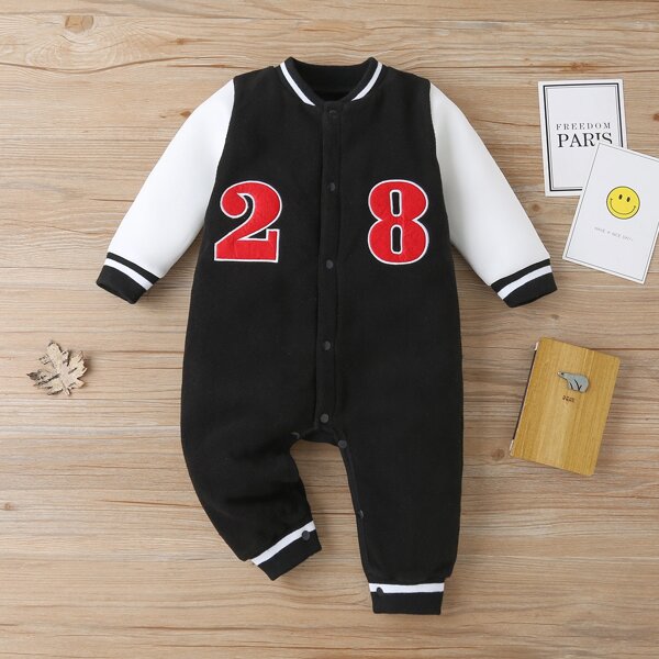 

Baby Boy Number Embroidered Fleece Jumpsuit, Black