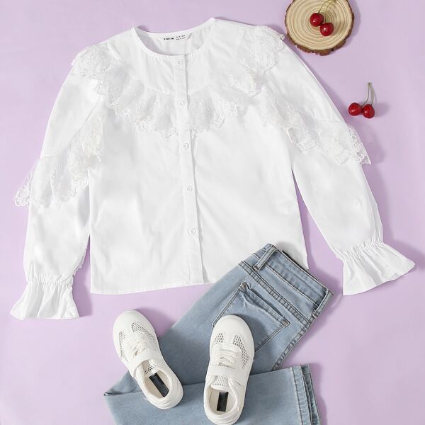 

Girls Bell Sleeve Embroidered Mesh Trim Blouse, White