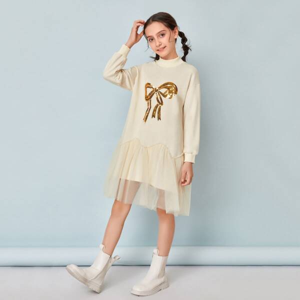 

Girls Mock Neck Sequin Bow Patched Ruffle Mesh Hem Sweatshirt Dress, Beige
