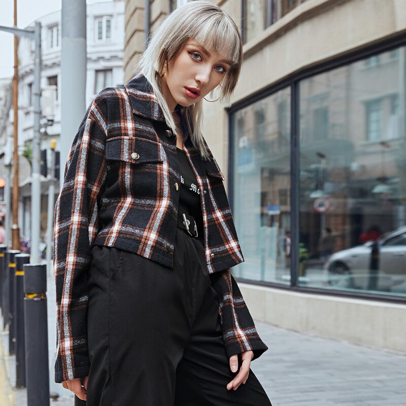 

Plaid Button Front Pocket Jacket, Multicolor