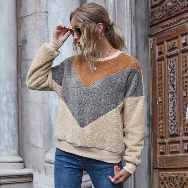 

Colorblock Chevron Pattern Teddy Sweatshirt, Multicolor