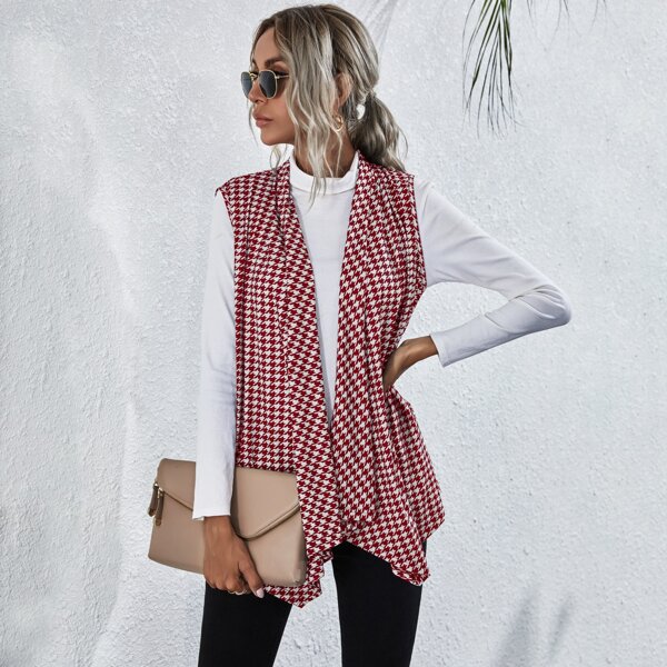 

Houndstooth Print Waterfall Collar Vest, Red and white