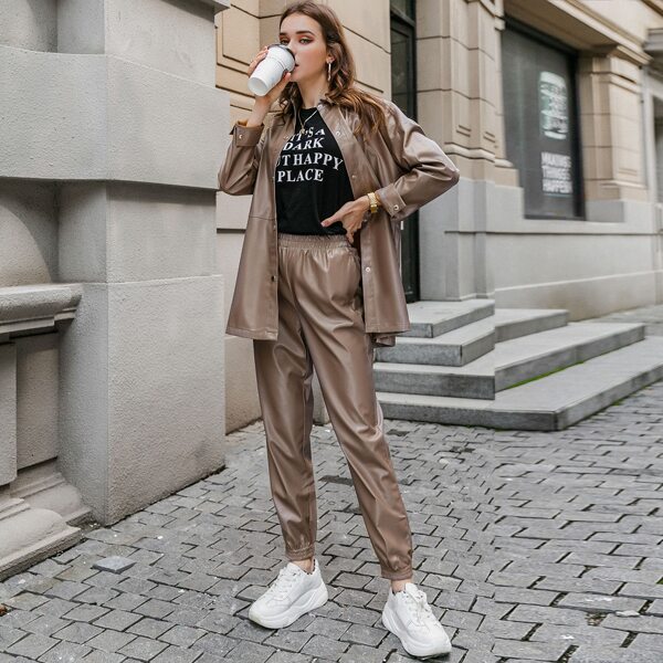 

Button Front Split Side PU Leather Coat & Pants Set, Mocha brown