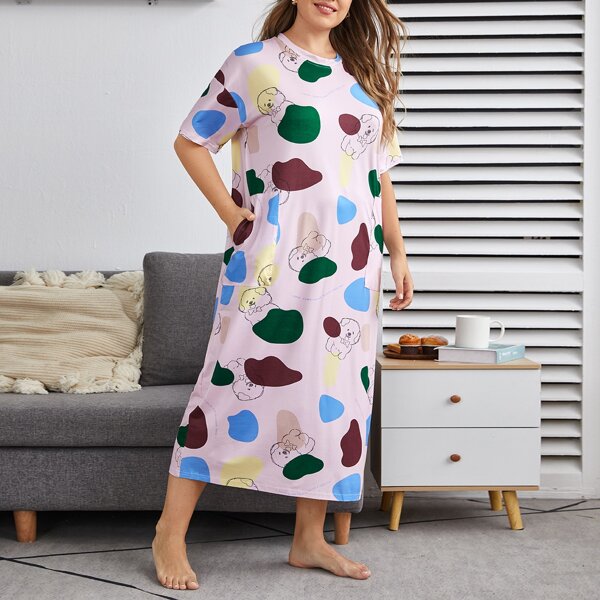 

Plus Cartoon Print Hidden Pocket Night Dress, Multicolor