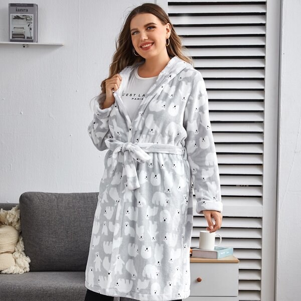 

Plus Cartoon Graphic Belted Flannel Robe, Light grey
