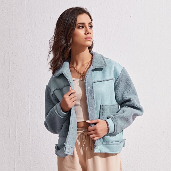 

Button Front Patch Pocket Colorblock Teddy Jacket, Multicolor