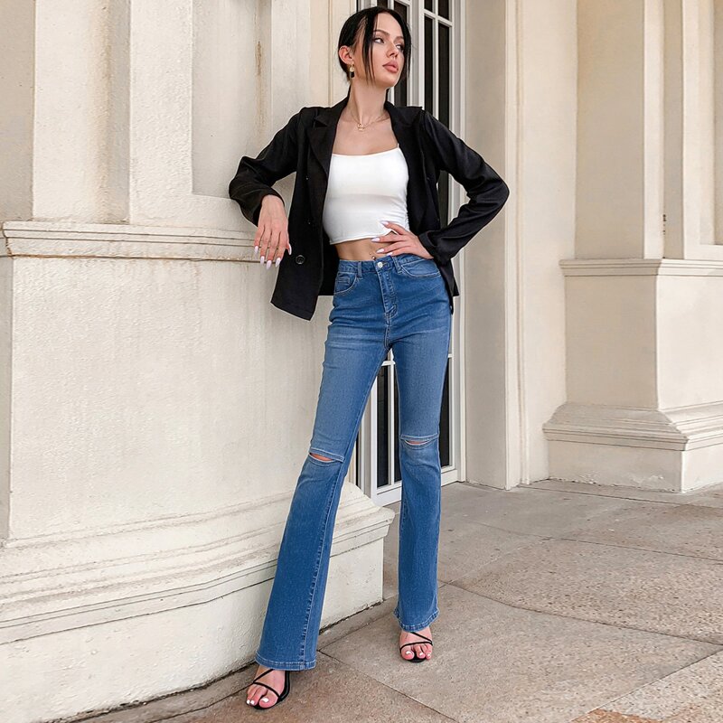 

High Waist Ripped Knee Flare Leg Jeans, Medium wash