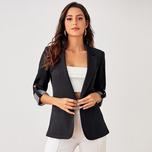 

Lapel Collar Houndstooth Roll Tab Sleeve Blazer, Black