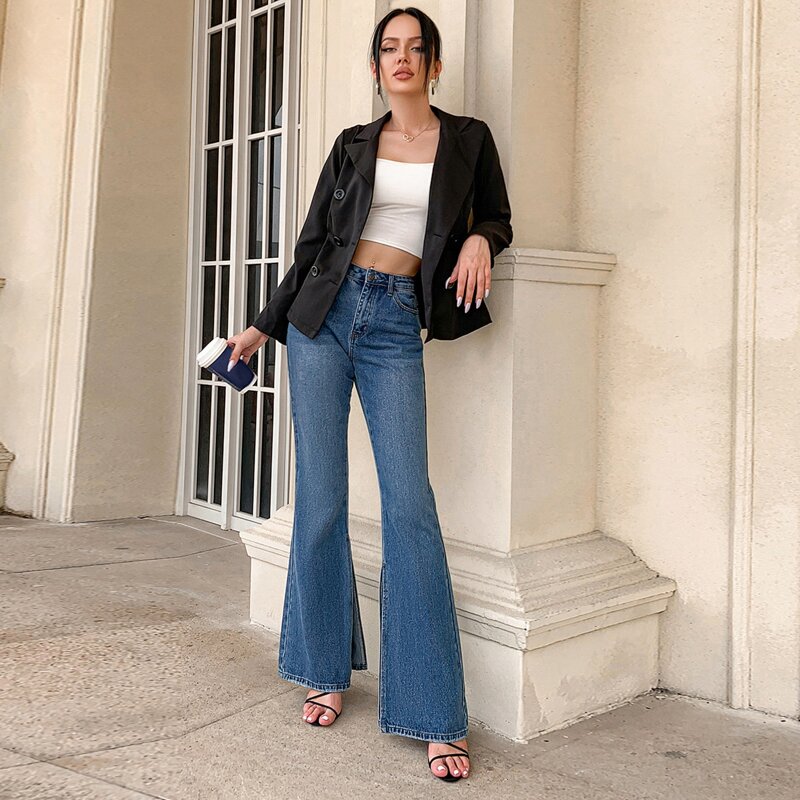 

High Waist Slit Hem Flare Leg Jeans, Medium wash