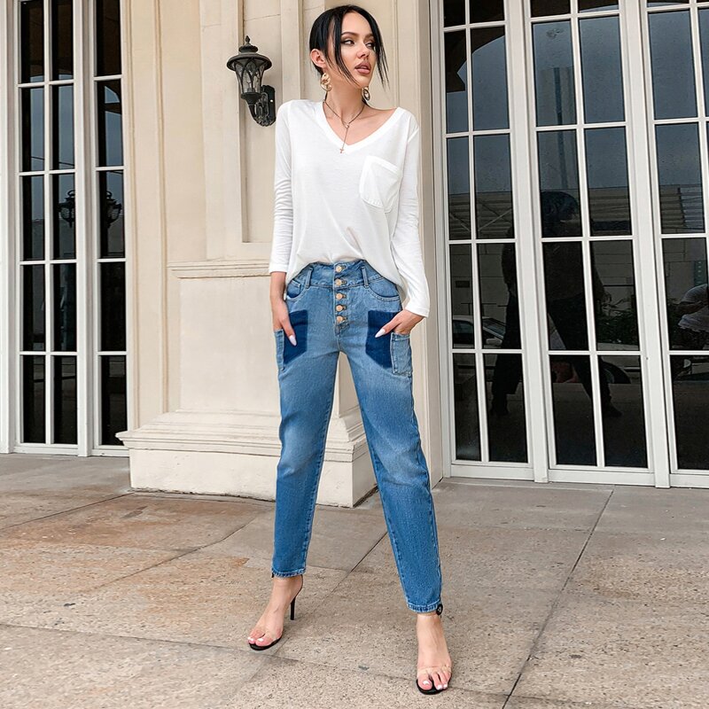 

Button Fly Color Block Mom Jeans, Medium wash