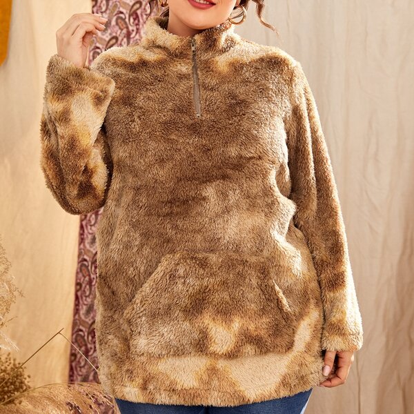 

Plus Tie Dye Half Zipper Flannel Sweatshirt, Brown