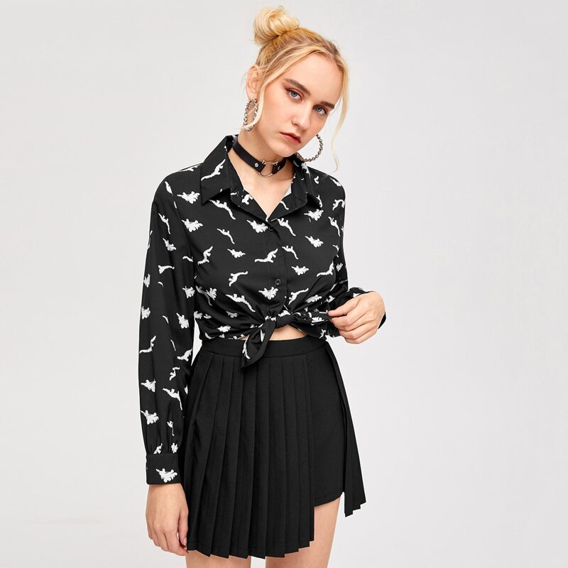 

Cartoon Graphic All Over Print Blouse, Black
