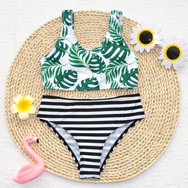 

Girls Tropical & Striped Bikini Swimsuit, Multicolor