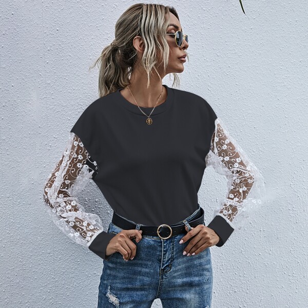 

Floral Embroidered Mesh Drop Shoulder Tee, Black