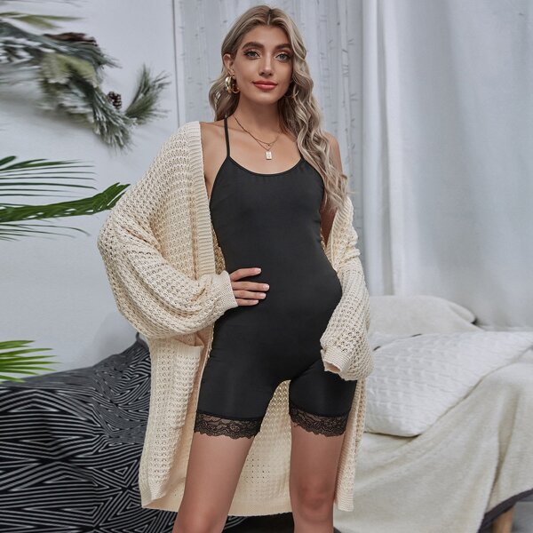 

Contrast Lace Backless Cami Unitard Romper, Black