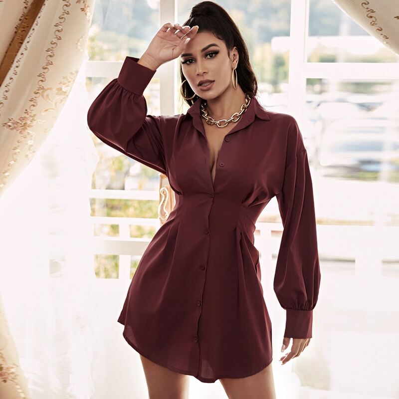 

Button Front Letter Graphic Dress, Burgundy