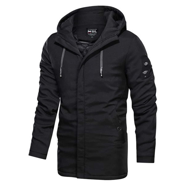 

Men Zip Up Drawstring Hooded Coat, Black