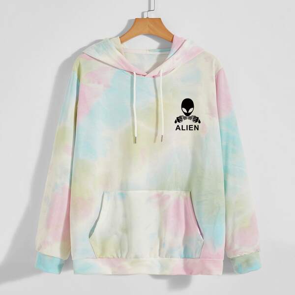 

Men Tie Dye And Alien Print Drawstring Hoodie, Multicolor