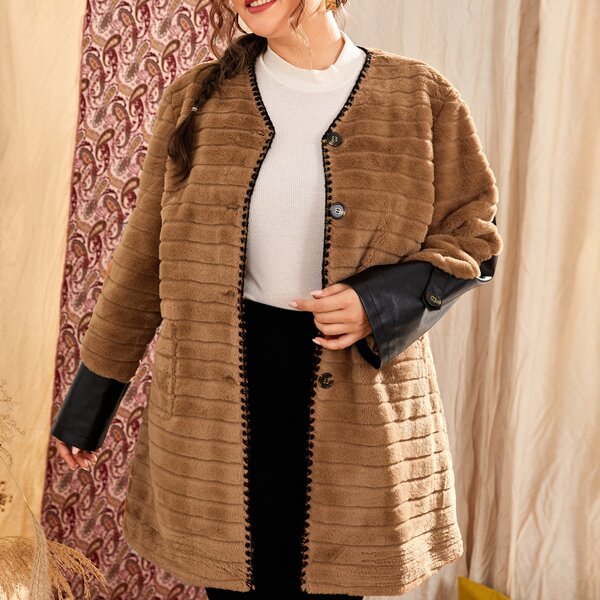 

Contrast PU Sleeve Button Front Faux Fur Coat, Brown