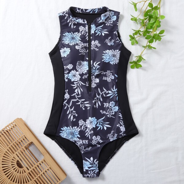 

Floral Zipper Front One Piece Swimsuit, Navy blue