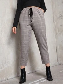 SHEIN LUNE 大碼繫帶格紋錐形褲子 - 灰色 - 查看 1