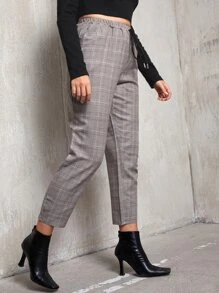 SHEIN LUNE 大碼繫帶格紋錐形褲子 - 灰色 - 查看 3