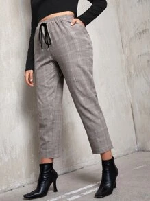 SHEIN LUNE 大碼繫帶格紋錐形褲子 - 灰色 - 查看 4