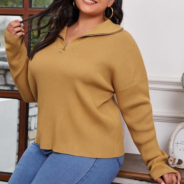 

Plus Collared Zip Up Rib-knit Sweater, Mustard yellow