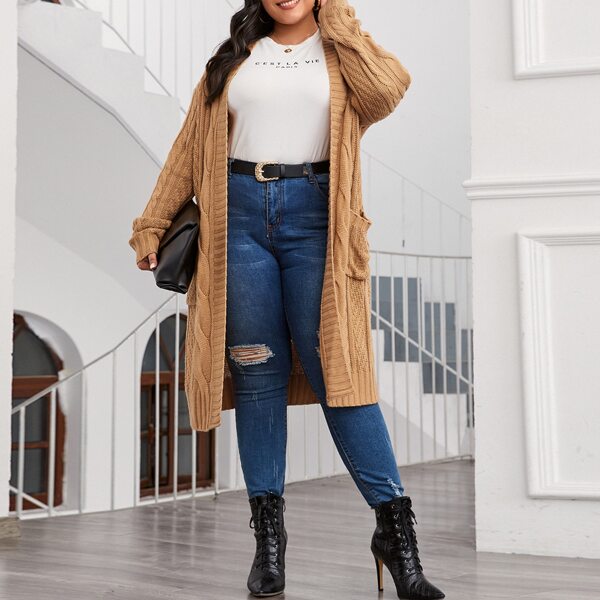 

Plus Pocket Front Cable Knit Cardigan, Camel