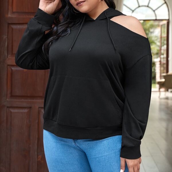 

Plus Cold Shoulder Kangaroo Pocket Hoodie, Black