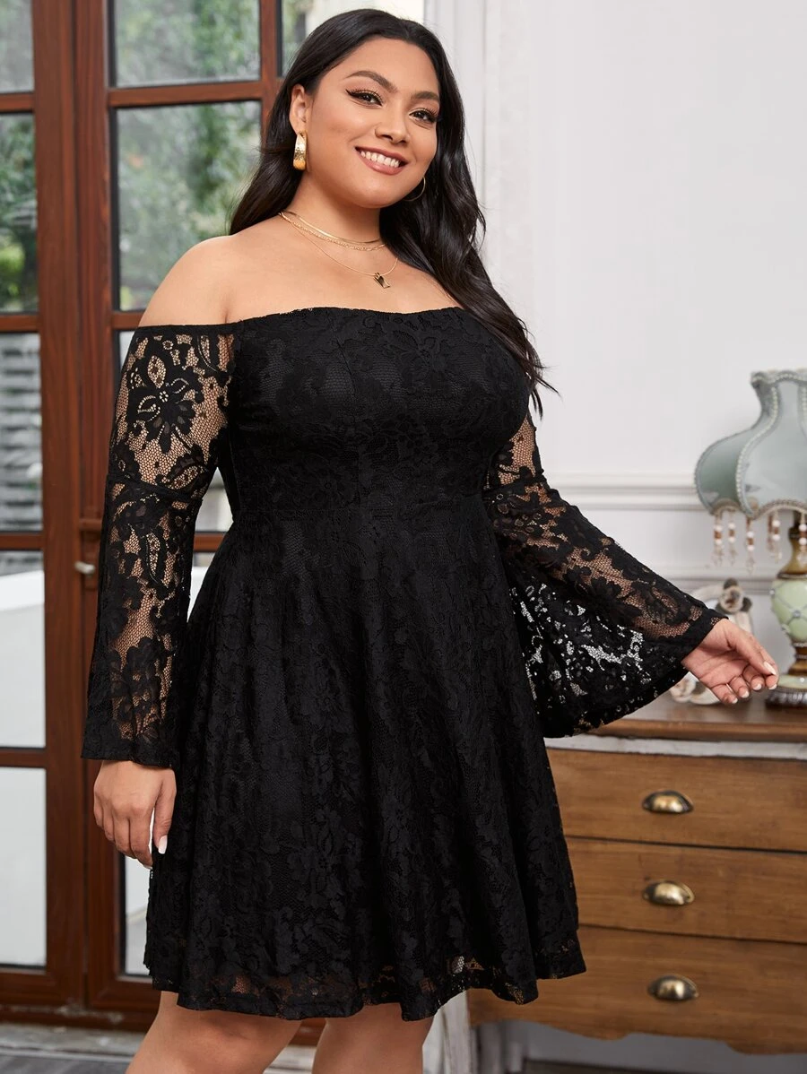 SHEIN Plus Off Shoulder Flounce Sleeve Lace Dress - Black - View 1