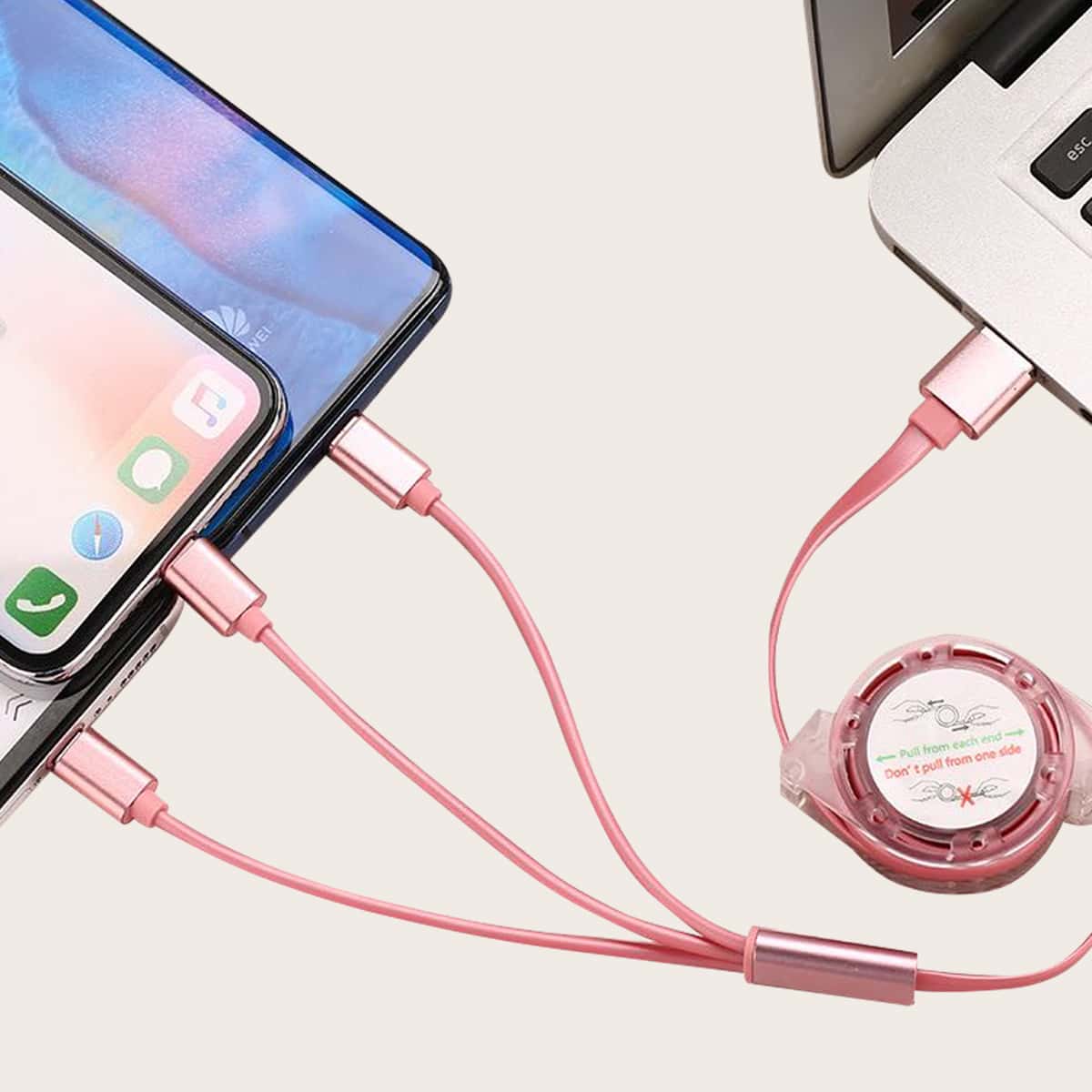 

3 In 1 Retractable Data Cable, Pink