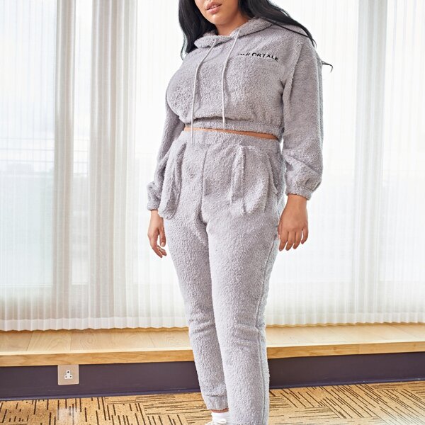 

Plus Letter Embroidery Teddy Hoodie & Slant Pocket Pants Set, Light grey