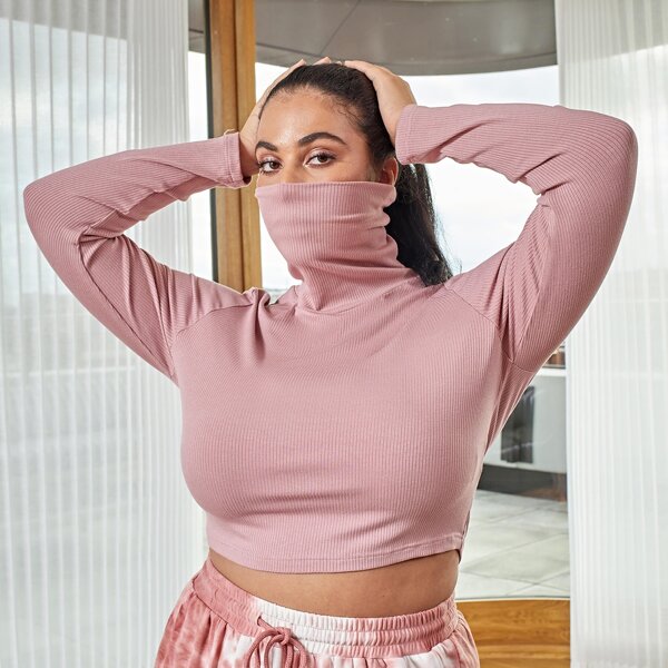 

Plus Funnel Neck Rib-knit Crop Tee, Pastel dusty pink