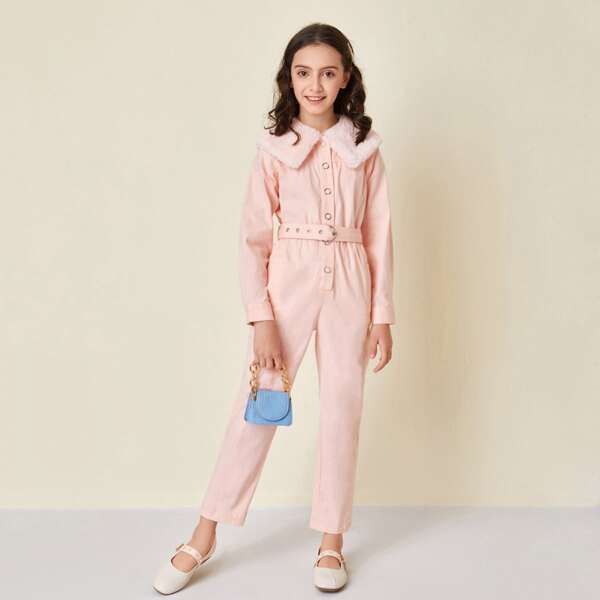 

Girls Fuzzy Collar Buttoned Front Self Belted Jumpsuit, Pastel baby pink